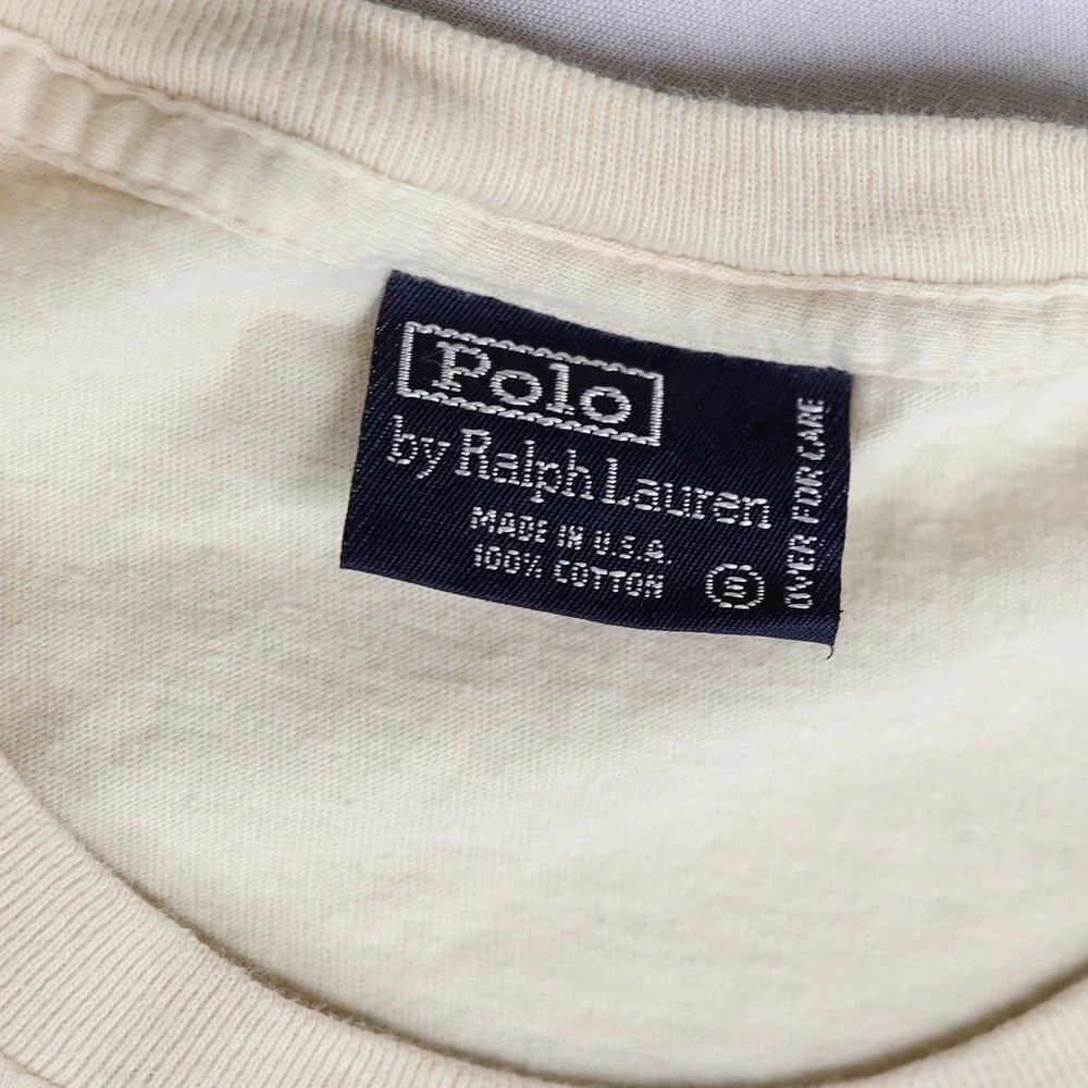 Vintage Polo Ralph Lauren Single Stitch Pocket Tee S Cream Made USA Cotton Pony - Picture 4 of 9